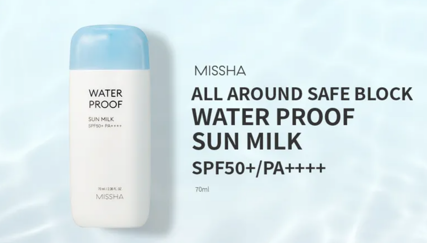 MISSHA- Protector Solar a Prueba de Agua All-around Safe Block Waterproof Sun Milk SPF50+ PA++++